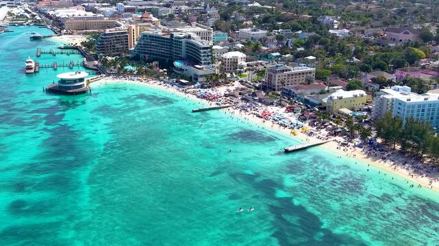 Aerial of the popular and busy Junkanoo beach at the Western Esplanade next to Nassau town, New Providence, The Bahamas