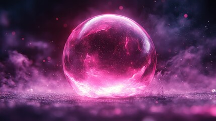 Obraz premium Glowing pink energy sphere on dark surface with smoke.