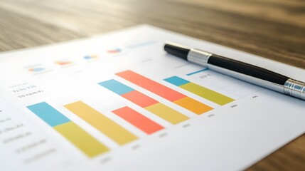 Financial Insights: A close-up view of a business report with a pen lying on top, perfect for financial and data analysis.