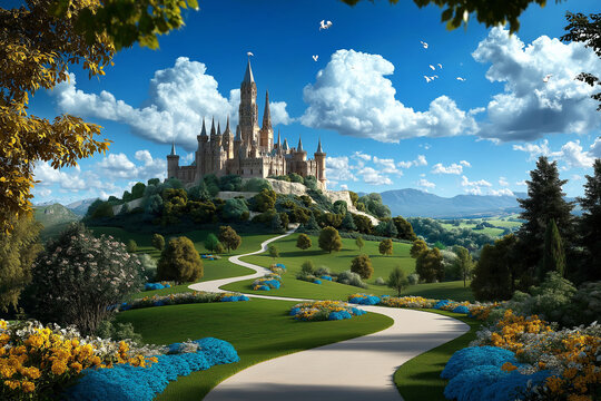 majestic castle sits atop hill in vibrant fairy tale landscape, surrounded by lush greenery and colorful flowers. sky is bright with fluffy clouds, creating serene atmosphere