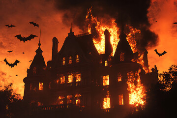 A haunted mansion engulfed in flames at dusk, with bats flying amidst the fiery backdrop
