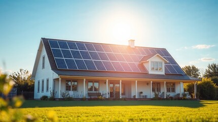 Obraz premium Solar panels on the roof of a country cottage. Renewable energy concept.