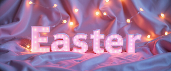 Glowing Happy Easter card with fairy lights on silk fabric, celebration