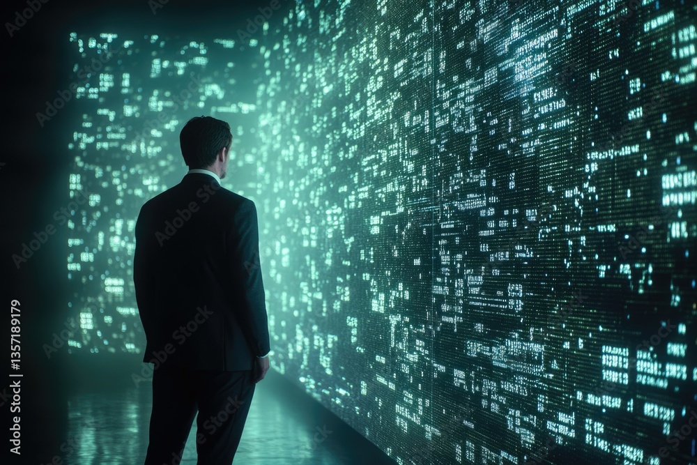 Poster a businessman stands before a massive wall of flowing teal digital code, contemplating data and tech