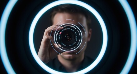 Visionary Lens: A focused individual peering through the futuristic lens of a camera, the glowing blue circles adds a sense of technological innovation and precision to the composition.