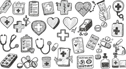 A collection of healthcare-related icons designed in bright rainbow hues, black and white, representing various medical symbols.	
