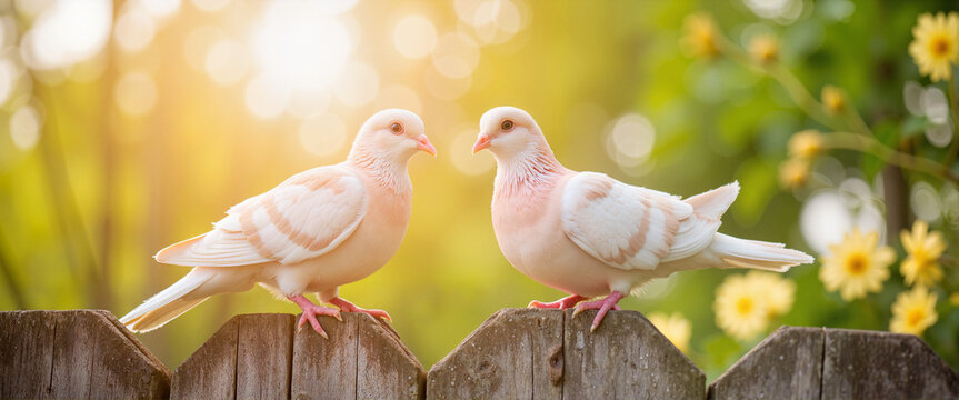 Two doves perched on rustic fence in warm backlight, Easter symbolism