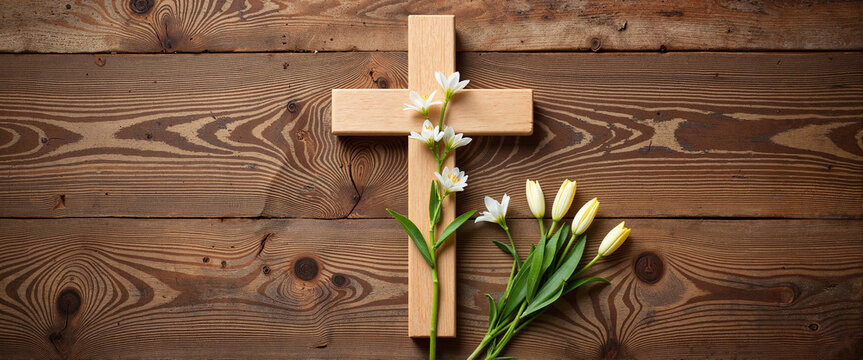 Rustic wooden cross adorned with lilies on wooden table, faith symbolization