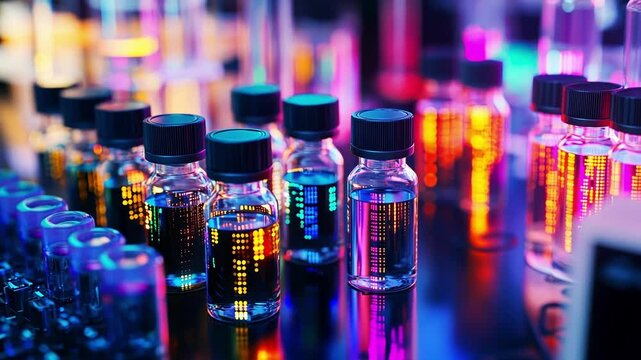 A closeup of a laboratory bench covered with vials containing various nanoparticle formulations arranged in a systematic fashion showcasing the meticulous research process behind developing
