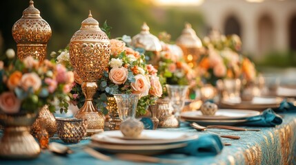 Fototapeta premium Elegant outdoor table setting with gold lanterns, floral arrangements, and teal tablecloth.