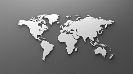 Obraz premium A minimalist world map in white against a gray background, illustrating global geography in a sleek and modern design.