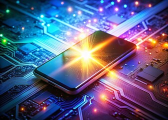 Fototapeta premium Glowing Smartphone on Circuit Board: Advanced Tech & Digital Innovation