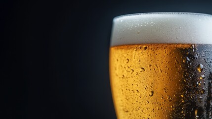 a close-up shot of a beer glass with condensation on the surface.