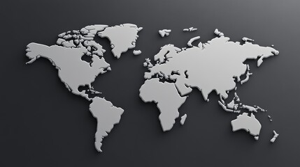 Obraz premium A sleek, modern silver world map illustration set against a dark background, representing global connectivity and geography.