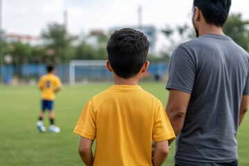 Fototapeta premium a father and mother helping their son stretch before a soccer match. The boy is wearing a jersey and cleats, standing on a grassy field as the parents assist him with warm-up exercises. The backgroun