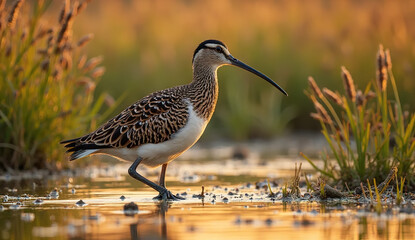 Great Snipe in a Lush Wetland at Dusk with Golden Light in HD