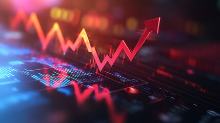 Fototapeta premium Red upward arrow over digital display showing financial data indicating market growth and success