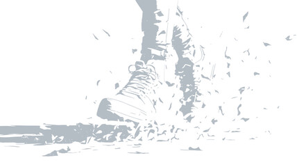 A grayscale, close-up, abstract image depicting a foot in motion.  The focus is on a single foot and lower leg, appearing to be running or moving quickly. The motion is suggested by a blurred