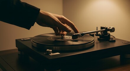 Obraz premium A Hand Adjusting a Vintage Turntable in a Cozy Setting