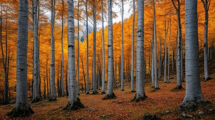 Fototapeta premium Vibrant autumn forest with slender, silver-barked trees and golden foliage.