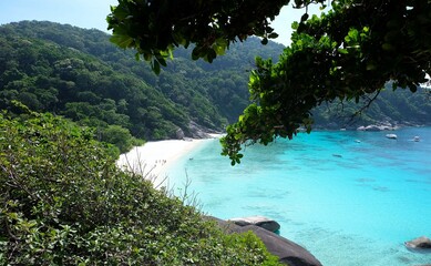 Maya Bay from Top view, Phi Phi Island, Phuket, Thailand, Deep Blue color ocean