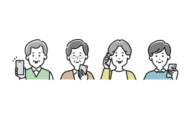 スマホを操作するシニア男性のベクターイラストセット