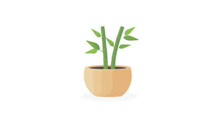 Fototapeta premium A digital illustration depicting a simple, minimalist rendering of a potted bamboo plant. The plant consists of three slender green stems with small, simple leaves. The pot is a light beige or tan