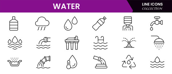 Water Related Vector Line Icons. Contains such Icons as Filter, Moister, Water Tap and more.
