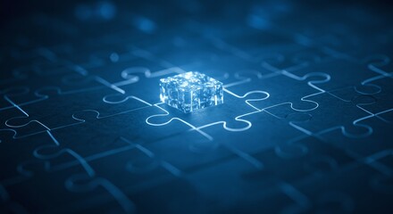 Puzzle of Progress: A captivating image features a glowing crystal cube centerpiece nestled amidst a sea of puzzle pieces, symbolizing connection, and innovation.