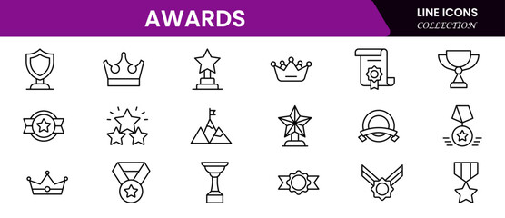 Awards icons trophy, cup, medal, winner, prize, line icons vector illustration on white background stock icons collection