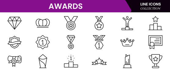Awards icons trophy, cup, medal, winner, prize, line icons vector illustration on white background stock icons collection