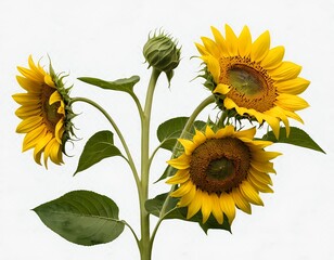 Three Sunflowers with Bud on White Background