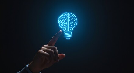 Illumination of Ideas: A hand gestures towards a glowing lightbulb with a brain symbol, symbolizing the spark of ingenuity, innovation, and the power of thought in a world of ideas.