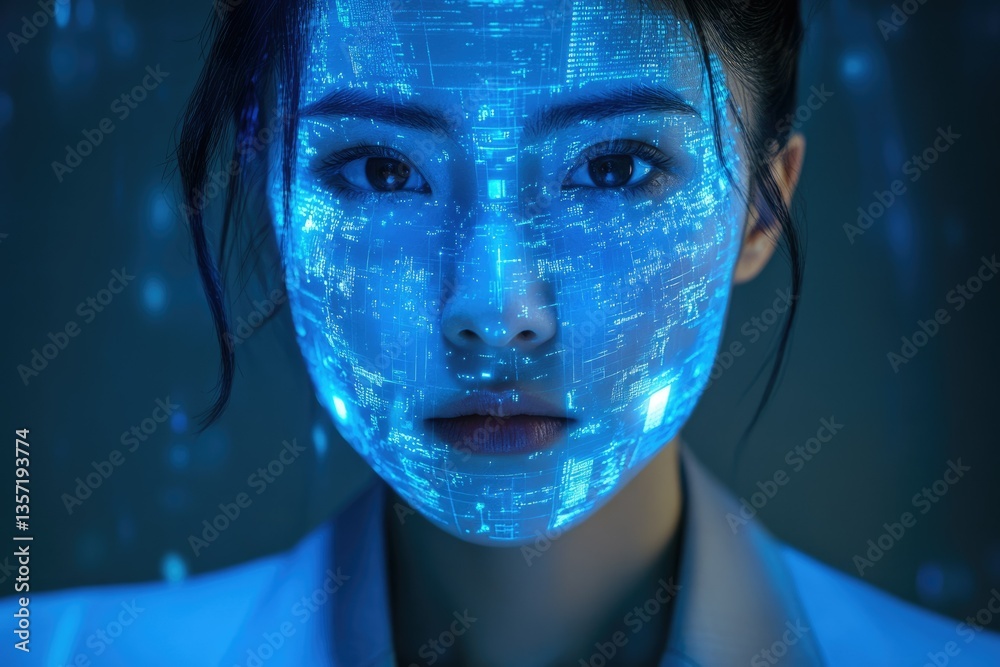 Leinwandbilder A woman's face is projected with a glowing digital code, representing futuristic technology and data integration.