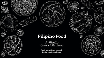Filipino food top view vector illustration. Food menu design template. Hand drawn sketch. Filipino food menu. Vintage style.