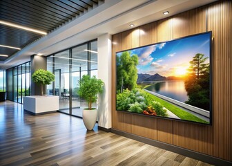 Candid Photo:  Modern Digital Signage Template Display on a Bright Office Wall