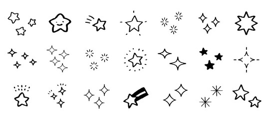 Naklejka premium キラキラと光る星の輝き。手書きのアイコンベクターイラストセット。
