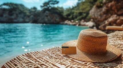 woven hat on the beach with an empty business card nearby 