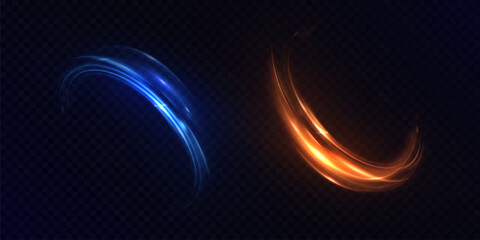 An energetic ring of flowing light trails against a dark background. These dynamic curves create a sense of movement and luminous energy.