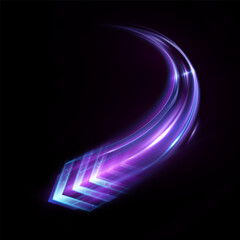 Bright appearance of neon light trace of arrow with movement of lines and glow. Futuristic design.
