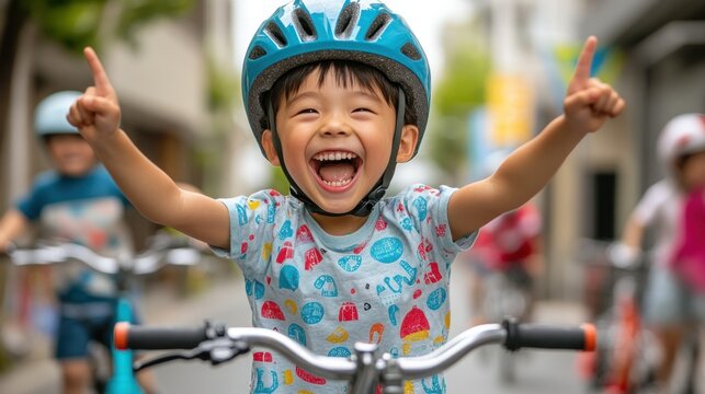 Joyful child cycling with helmet, celebrating a ride