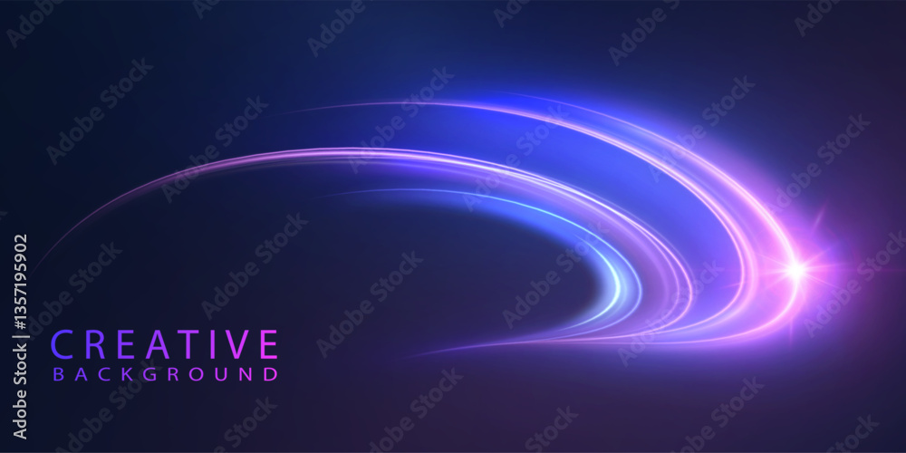 Poster Abstract neon light curves with glowing lines and a bright flare on dark background. Perfect for modern presentations, tech banners, creative designs, or futuristic UI elements.