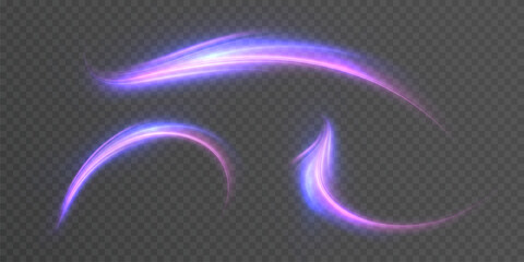 Curved glowing stripes of purple and blue light with neon shine on transparent background. Vector for dynamic graphics, fantastic energy effects, user interface design.
