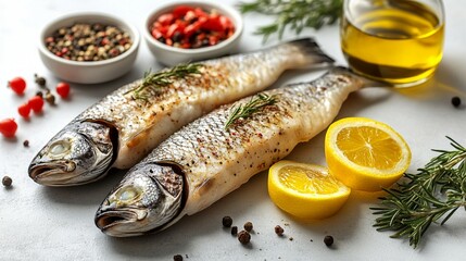 fish on a white background with ice and lemon 