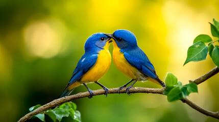 Obraz premium A pair of blue and yellow birds sitting on a branch, tenderly kissing each other