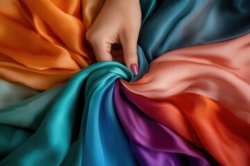 A hand gently arranges vibrant, multicolored silk fabrics in a captivating swirl.
