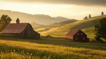 Rural landscape featuring a classic barn bathed in golden sunlight, evoking tranquility and rustic charm. Rolling hills create a serene backdrop.