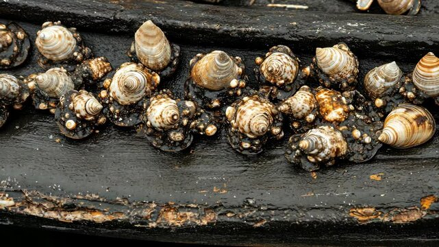 Unique assortment of shells attached to weathered wooden surface along the coast during low tide