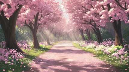 Serene Cherry Blossom Path: A Dreamlike Spring Stroll