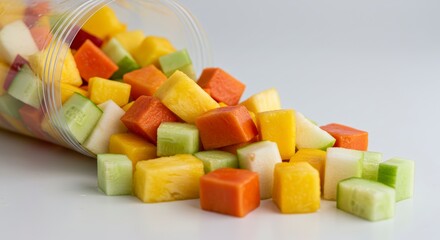 Cubed Fruit Salad Spilling From Plastic Container on White Background